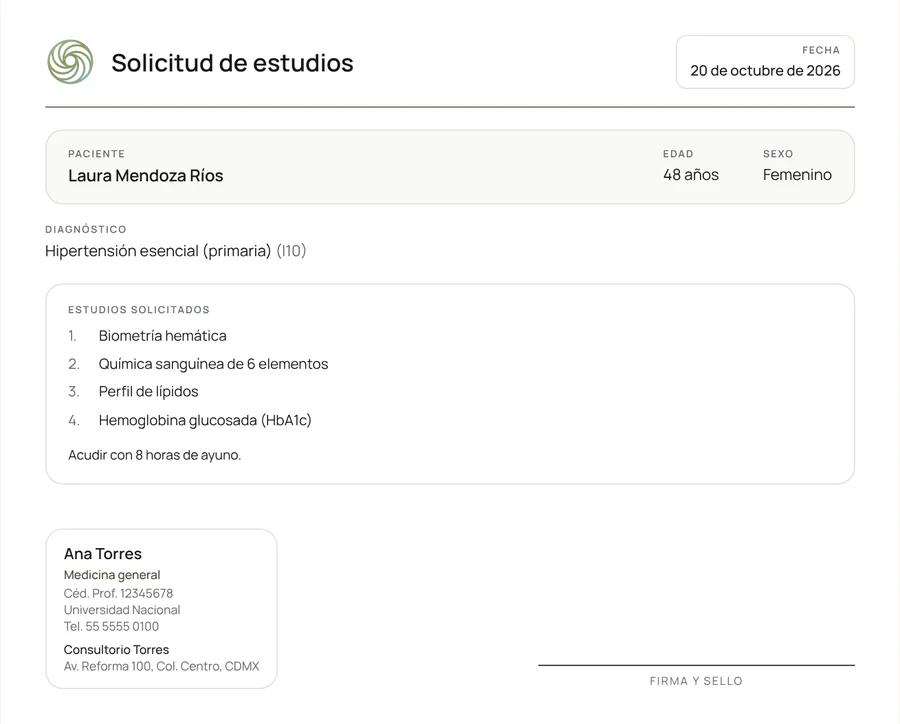 Solicitud de estudios impresa generada por Continuum